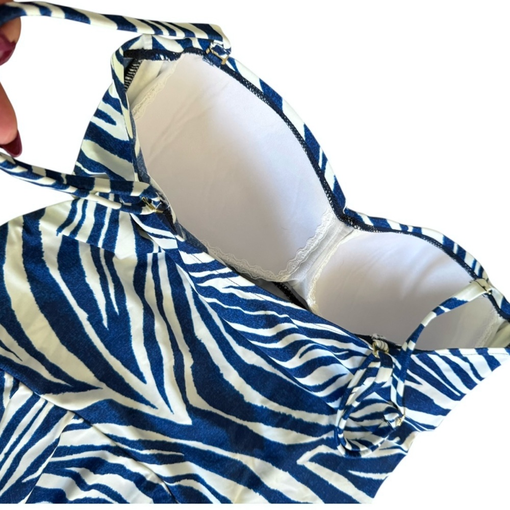 Chaps Skirted Pin Up One Piece Swimsuit Size 16 XL Zebra Print Blue White - Picture 7 of 16